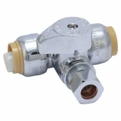 Wholesale 😉 SharkBite® 1/2 x 3/8 x 3/8 in. Push x Compression x Compression Lever Handle Angle Supply Stop Valve in Chrome Plated 🔔